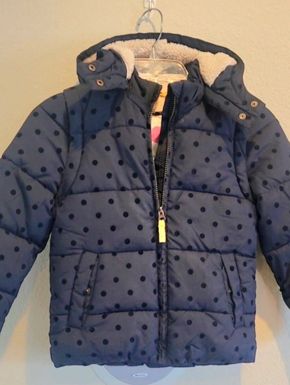 Mini Boden Kids Navy Polka Dot Puffer Jacket with Hood Size 6-7years